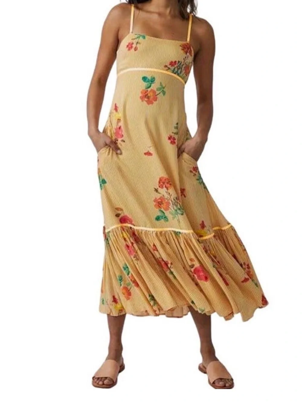 Free People Yellow Rosie Posie Sleeveless Midi Dress Size XL NWT